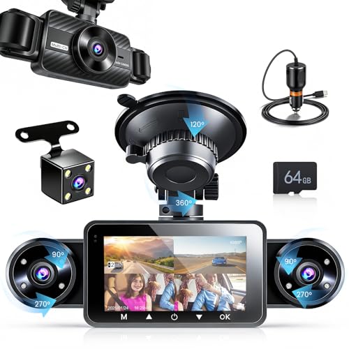 Hikity 360°Dash CAM Coche con Tarjeta SD 64G,4 Cámaras Pantalla IPS de 3 Pulgadas Cámara para Coche,Dashcam Coche 1080P,Sensor G, Visión Nocturna,Ayuda Inversa,Grabación en Bucle
