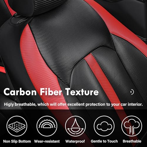 Image of Coverado Leather Car Seat Covers Full Set & Carbon Fiber, Waterproof and Durable All Weather Protector, Universal Fit for SUV, Pickup Truck, Sedan, Automotive Vehicle Interior, Black&Red