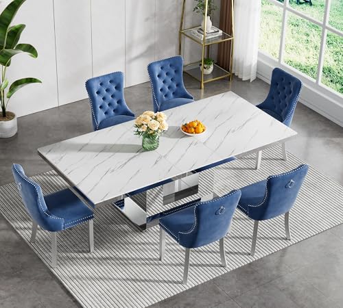 Image of 94 inch Faux Marble Extendable Dining Table Set for 6,Mirrored U Base | 63 inch-94 inch White Marble Expandable Kitchen Table Set with 6 Velvet Chairs,Modern Large Dining Set for 6 Dining Room Gathering