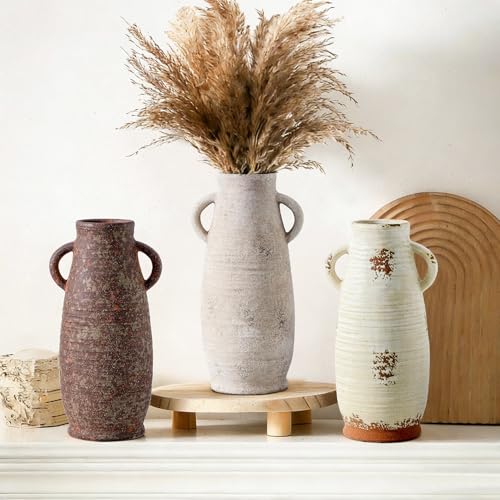 Ceramic Flower Vase with Handles, 12.3 Inch Tall Vase for Centerpieces, Large Decorative Terracotta Vases, Farmhouse Rustic Vases for Home Decor, Living Room, Table, Neutral — view 4