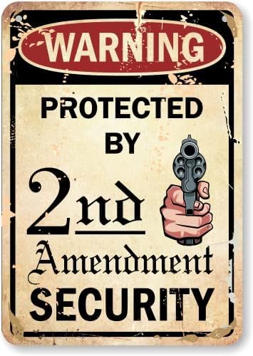 Funny “Warning - Protected by 2nd Amendment Security” Metal Sign with Gun Graphic,Laminated Rustproof Aluminum, Retro Vintage, Multicolor 8x12 Inch