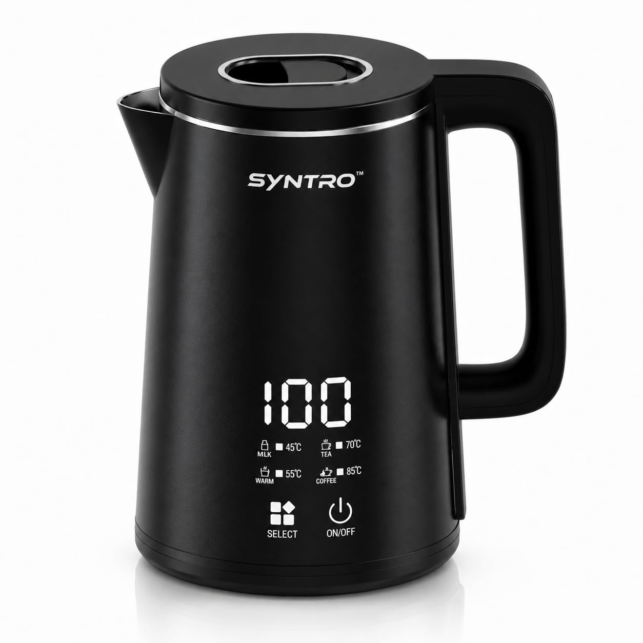 syntro boilo digital electric kettle 1.8 l | 1350w with 5 preset modes & live temperature display | elegant cool touch design, 360° swivel base | fast boil, auto shut-off, overheat protection (black)