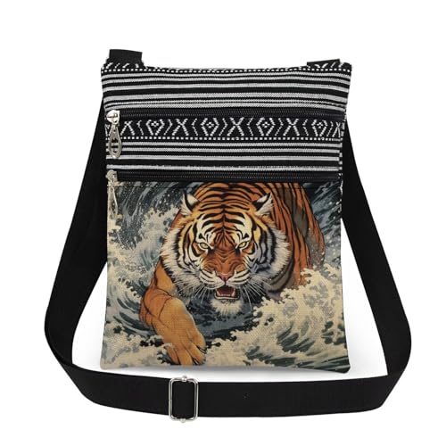 Tiger Waves Art Print Crossbody Bag Adjustable Shoulder Strap Messenger Bag Unique Holiday Present​​ Birthday Gift for Adult Friend Tiger Lover