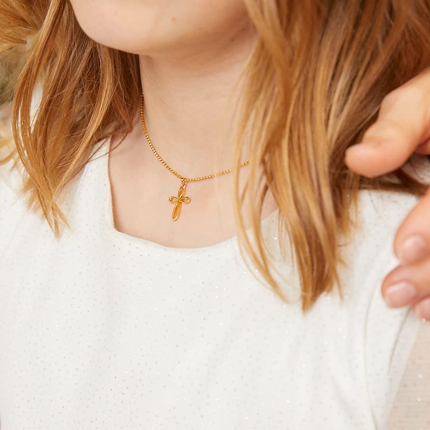 18ct Gold Plated Sterling Silver Rounded Cherish Cross Necklace For Girls. Dainty Teen Jewelry Birthday Present, Baptism Gifts For Girl, Thanksgiving Gifts, Celebrations, Sweet 162