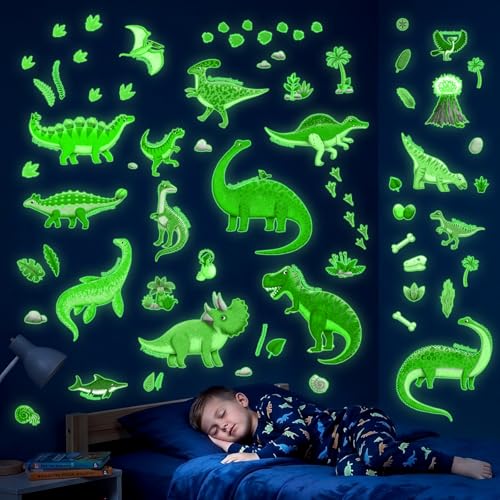 DECOWALL Stickers Muraux Dinosaures Phosphorescents, Autocollants Muraux qui Brillent dans le Noir pour Chambre et Salle de Jeux (GDS4-8087)