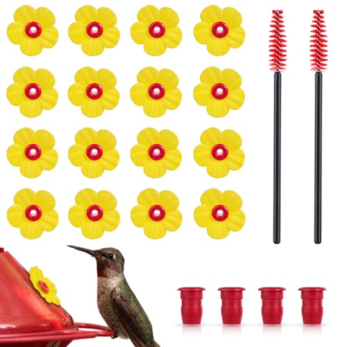 16 Pieces Hummingbird Feeders Replacement Flowers, Pet Hummingbird Feeder Parts Feeding Ports Bird Feeder Replacement Parts with 2 Cleaning Brush for Outdoor Hanging Feeders(Two-Color)