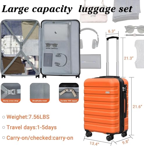 Zebra 20" Expandable Carry-On Luggage Set with TSA Lock, Lightweight Hardshell Suitcase with Spinner Wheels, PC+ABS Durable Checked Luggage, Bonus Travel Backpack & Cosmetic Makeup Bag,Orange2
