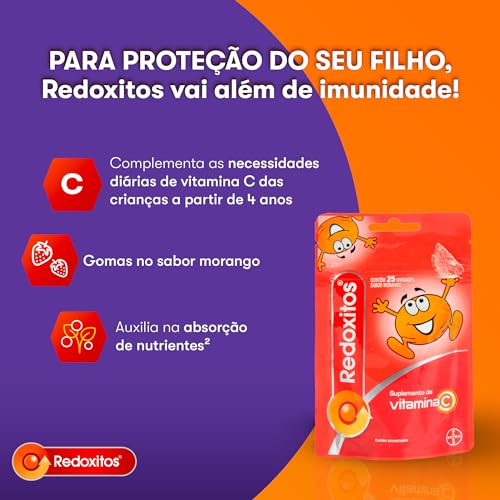 Redoxitos Vitamina C, Vitamina Infantil, Vitamina criança, Vitaminas com Sabor de Morango, contém 25