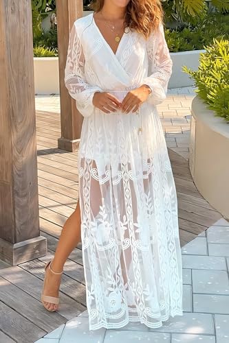 Image of LRISES Womens V Neck Floral Embroidered Lace Wedding Maxi Dress Boho Short Sleeve Slit Bridesmaid Evening Party Dresses