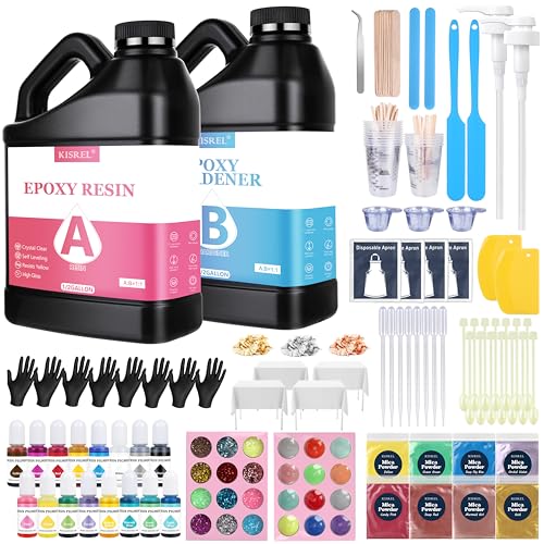 Image of KISREL Epoxy Resin 1 Gallon - Clear Epoxy Resin Kit with 16 Pigments and 8 Colors of Mica Powders - No Yellowing No Bubble Casting Resina for Art Crafts, Jewelry Making & Resina Molds(1 /2 Gallon x 2)