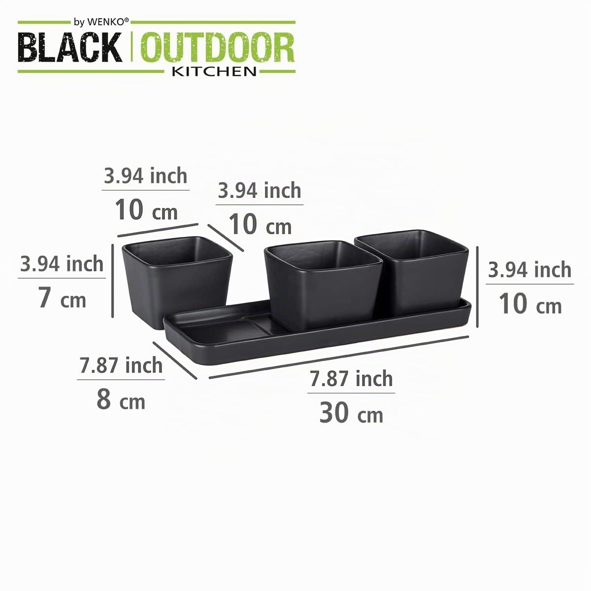 Wenko Ciotole per snack e salse, set 4 pezzi, piccolo vassoio con 3 ciotoline 300 ml in ceramica di qualità, accessorio Black Outdoor Kitchen per tapas, snack e fingerfood, 30x10x8 cm, nero, 55022100