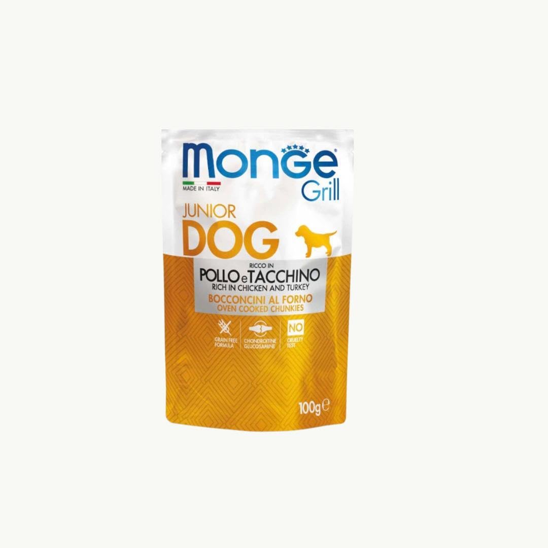 Monge grill Cane puppy, alimento completo per cani cuccioli, bocconi al forno gusto POLLO e TACCHINO 100gr | Promo 10 bustine da 100gr + 2 OMAGGIO.