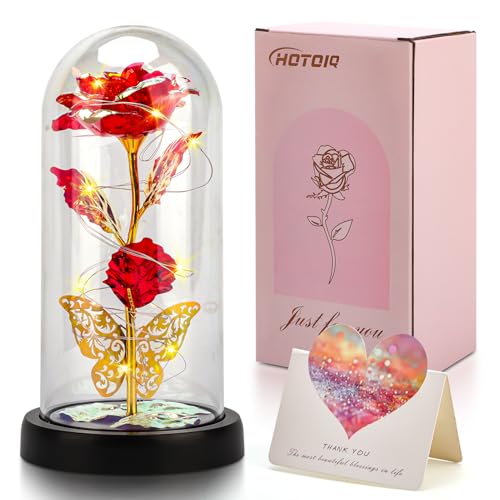 HOTOIQ Rose Eternal presente para mulheres, rosa baixo da bela e da besta, rosa vermelha clássica com LED, presente romântico para mulher, presentes para ela, mãe amiga esposa irmã