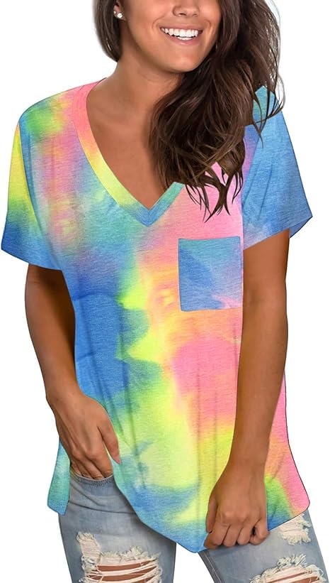 MOLERANI T-Shirts pour Femmes été Hauts à Manches Courtes T-Shirts Confortables col en V Teints Rose Jaune Bleu S