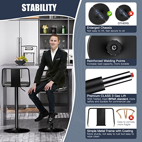 Raynesys Metal Swivel Barstools Set Of 2, Enlarged Pu Leather Seat With Metal Back, Adjustable From 24" To 33" For Counter Height & Bar Height, Modern Design For Kitchen And Restaurant, Gray #TOP1