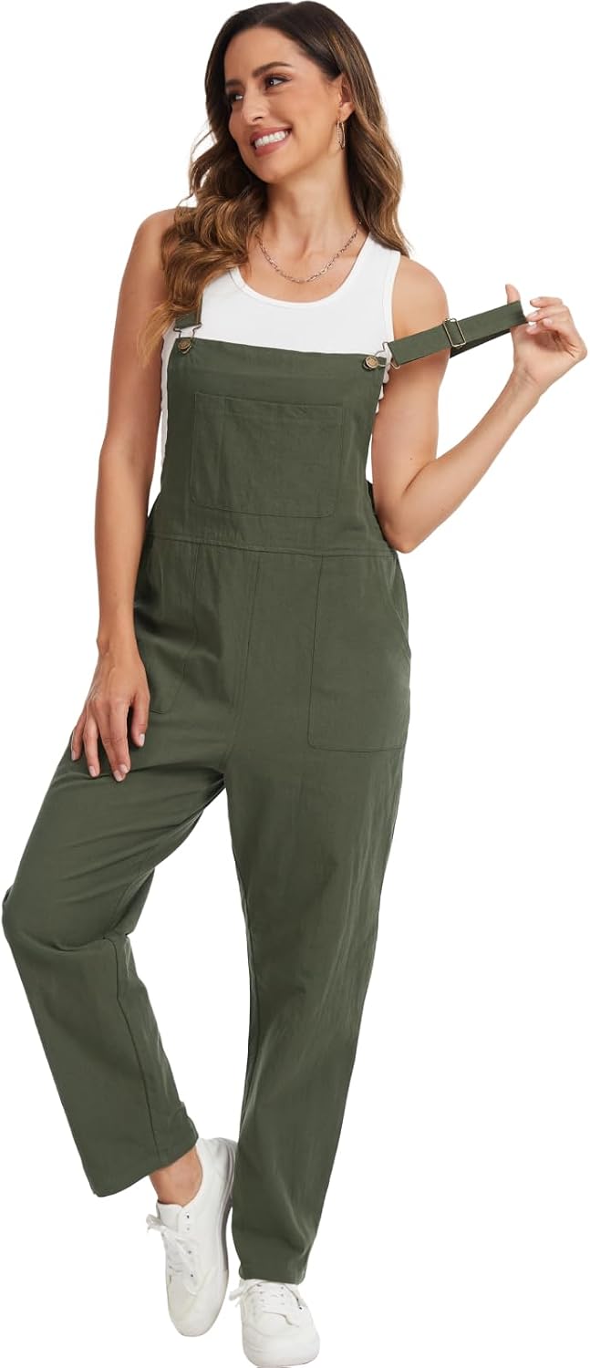 WORK IDEA Women's 100% Cotton Bib Overalls, Casual Relaxed Fit Wide Leg Jumpsuit with Adjustable Straps & Pockets