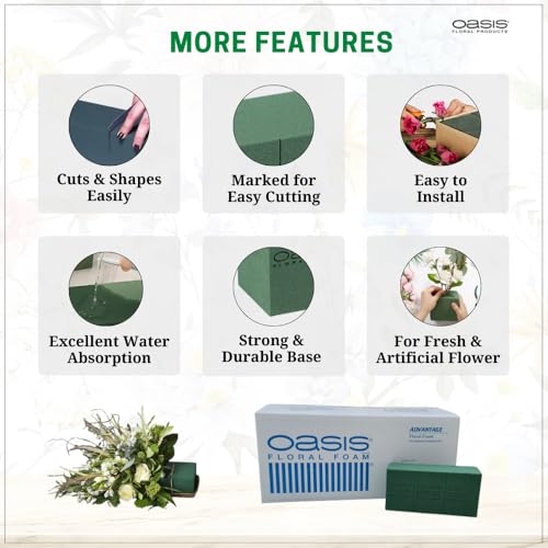 Image of Oasis Pack of 10 Advantage Floral Foam Bricks | Green Florist Foam Blocks for Flower Arrangements in Home Decor, Weddings, Events, Festivals & More | Size 9 x 3 x 4 Inches