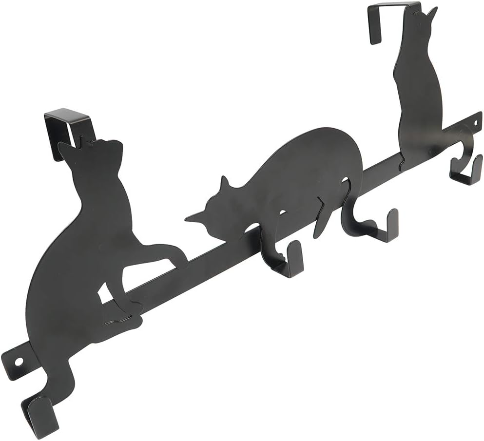 Evelots Over The Door 4 Hook Towel/Coat Rack Hanger Organizer, Kitty Cat Design-Easy No Tool Installation-Black Iron-Holds 20 lbs.