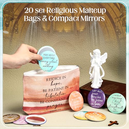 Reginary 20 Set Christian Gifts Bulk for Women Religious Canvas Makeup Bags Compact Mirrors Bible Verse Church Favors for Grandparents Day Sunday School Teacher(Bright Colors,Abstract Style)4