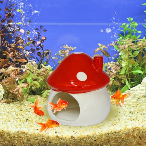Image of AnRui Cute Mushroom Fish Tank Decoration Ceramic House Aquarium Accessories Hideout Cave Ornament for Small Fish, Shrimp, Goldfish and Reptiles, Red