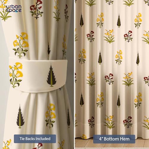 Image of Urban Space 100% Cotton Window Curtains 5 Feet (Set of 2) | 60-65% Room Darkening Window Curtains | Hanging Styles - Rod Pocket, Back Loop & Track Channel | Tieback Included (High Garden Yellow RD)