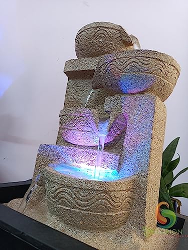 Image of Decorative Table Top Water Fountain for Home Decor /Office /Indoor & Outdoor /Garden /Puja Room /Vaastu with Multicolor LED Light and Adjustable Water Pump (Yellow-D-025)