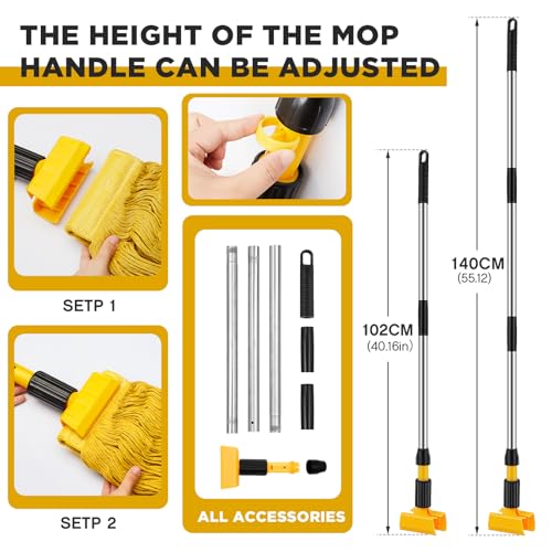 Image of Thyle 6 Pack Stainless Steel Commercial Mop Handle for Floor Cleaning, 3 Section Replaceable Mop Stick Replacement with Jaw Clamp, Heavy Duty Replacement Pole for Home Garage Office, 55 Inch