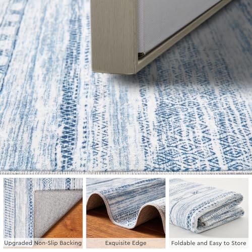 Small Area Rug-2x3 Entryway Rug Non Slip Washable Low Pile Indoor Door Mat Neutral Distressed Boho Moroccan Entrance Rugs Carpet for Bedroom Kitchen Powder Room Front Porch Bathroom, Blue