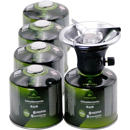 CAMPLORA Gaskocher mit 5 Gaskartuschen und Piezozündung für...