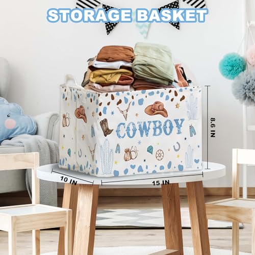 Image of Western Basket for Cowboy Nursery Decor Boy, Blue White Brown Western Toy Bin, Cowboy Baby Shower Decorations, Large Squarecanvas Laundry Hamper With A Waterproof PECoating, Foldable