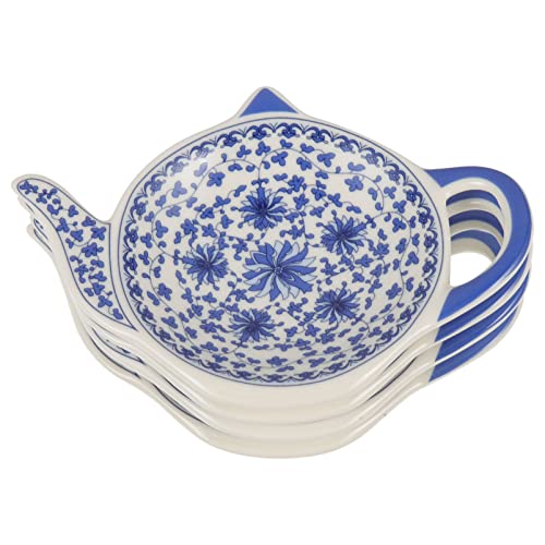 VOSAREA 4pcs Teapot Shaped Tea Bag Holder, Porcelain Tea Bag Coasters Seasoning Dish Spoon Rests Saucer Snack Plate for Chips Tea Plates Sauce Dessert Blue