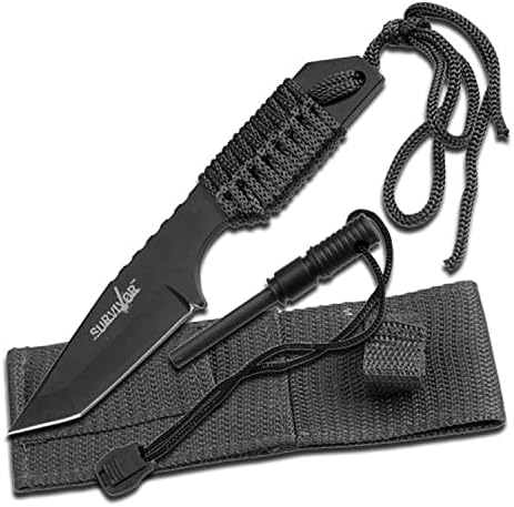Survivor HK-106320B Fixed Blade Outdoor Knife, Black Tanto Blade, Black Cord-Wrapped Handle, 7-Inch Overall