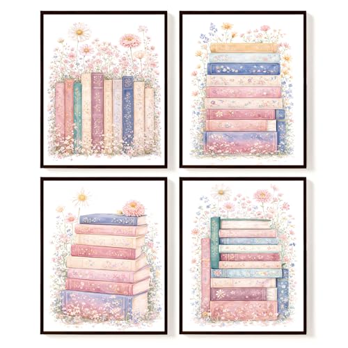 SkyCozy Reading Nook Decor, Pink Floral Book Wall Art Posters Set of 4, Pastel Book Stack Prints, Cute Library Wall Decor for Girls Room Bedroom Classroom Playroom, 8x10 Unframed