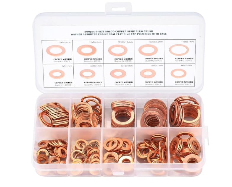 Kit surtido de arandelas planas de cobre, juego surtido de 200 arandelas métricas de sellado de cobre, 9 tamaños, M5M6M8M10M12M14