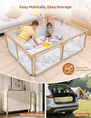 Image of Dripex Baby Playpen with Mat, 71 inchx47 inch Large Play Pen for Babies, Beige