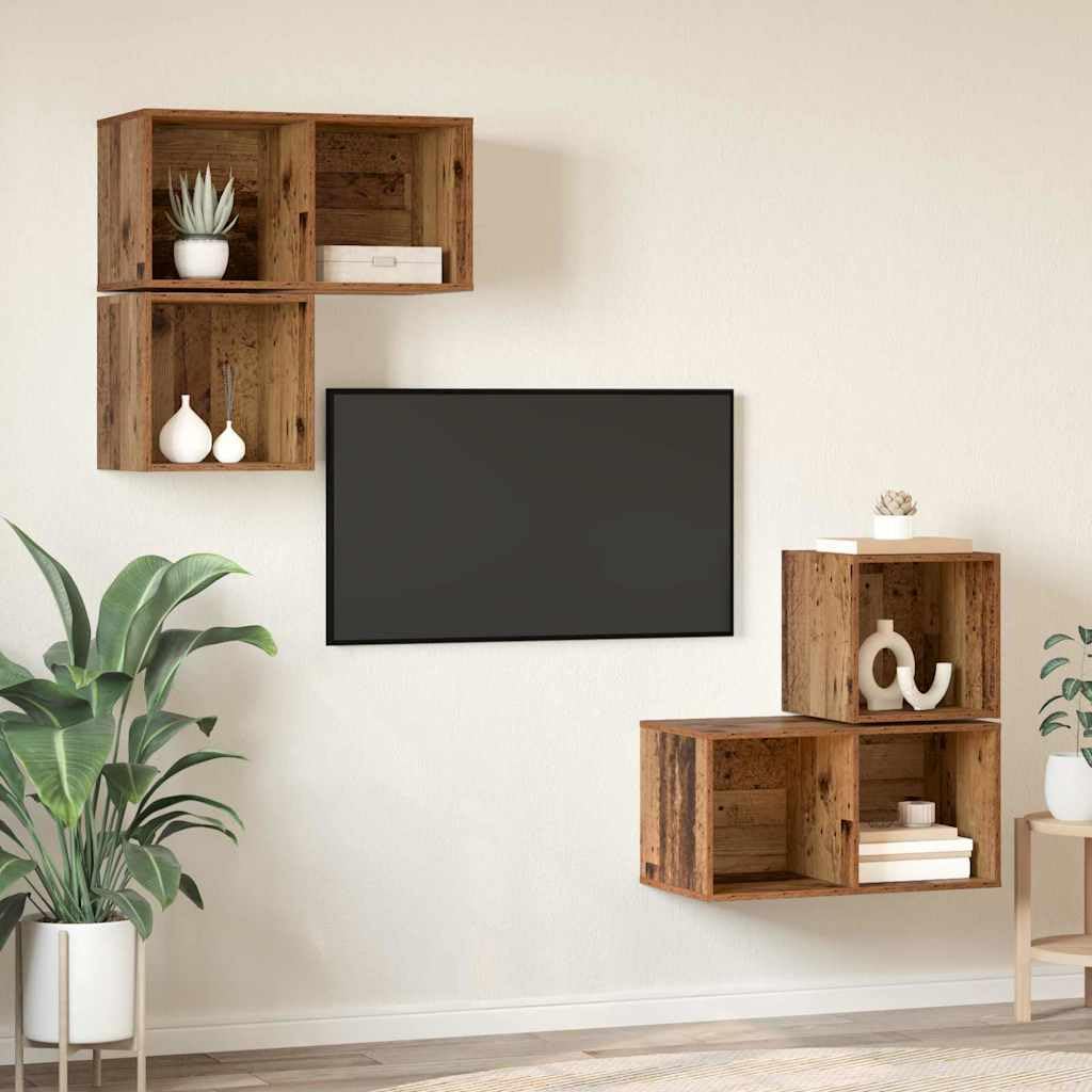 Lot de 4 meubles TV aspect bois vieilli 37 x 37 x 72 cm - Montage mural - Design moderne - Grand espace de rangement pour salon et chambre à coucher