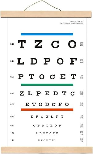 Snellen - Tabla de ojos para exámenes oculares de 10 pies con marco de madera de 8 x 15 pulgadas, lienzo de baja visión con barras de color para