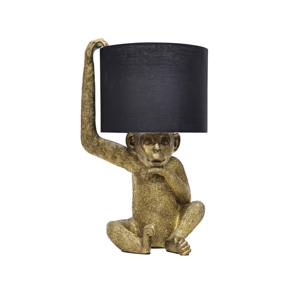 firstchoicelighting Gold & Black Monkey Table Lamp or Bedside Light, Fabric Shade, Height 43cm, Retro Animal Lighting