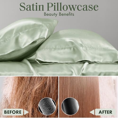 Image of Madison Park Essentials Satin Pillowcase Set of 2, Silky, Standard Sage | Pillowcase Cover for Hair & Skin, Luxuriously Soft, Natural Sheen Luster, Cool to Touch, Wrinkle-Free, Machine Washable