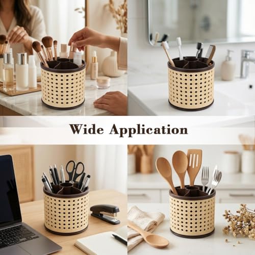Image of MAYCREATE 360 Rotating Makeup Brush Holder Organizer Stationary Pencils Storage Holder Multipurpose 6 Compartments Organisers for Women Vanity Desk Bathroom