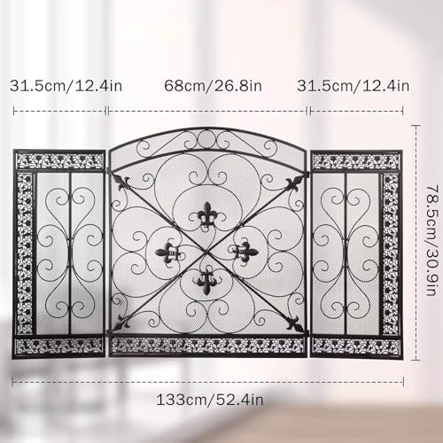 Foldable 3-Panel Arched Fireplace Screen, Wrought Iron Black Metal Spark Guard, Freestanding Mesh Fireguards for Spark Protection & Stylish Home Decor