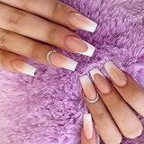 24 Pcs French Tip Press on Nails Medium Fake Nails, Square Shaped Glue on Nails Glossy Full Cover Fa