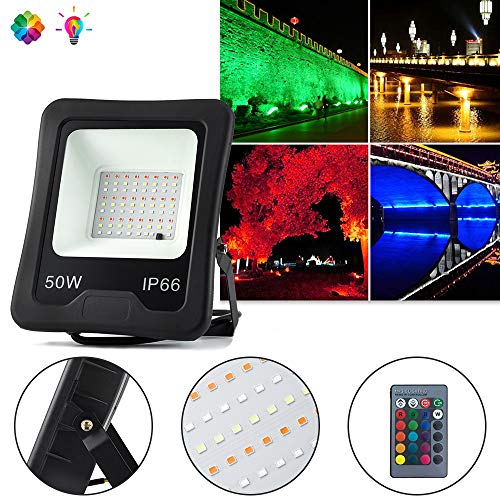 Preisvergleich Produktbild UISEBRT 50W RGB LED Strahler mit Fernbedienung Außen - LED Flutlicht Sicherheitsleuchte Außenwandleuchte, Wasserdicht IP66 für Garage, Garten, Hotel, Sportplatz, Patio (50W RGB)