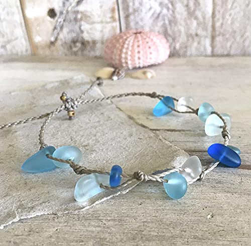 Blue Sea Glass Anklet On Hand Spun Rope Cord, Mixed Blue Casual Ocean Jewelry, Del Mar, Beach Gift For Women, Handmade In The Caribbean (Anklet) #TOP5