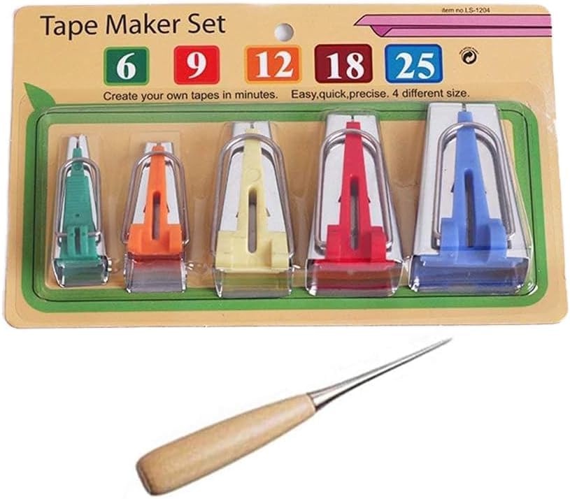 YICBOR Bias Tape Maker Set 6MM 9MM 12MM 18MM 25MM 5 Sizes Fabric Sewing Quilting Bias Binding Tools Come with 1 PC awl