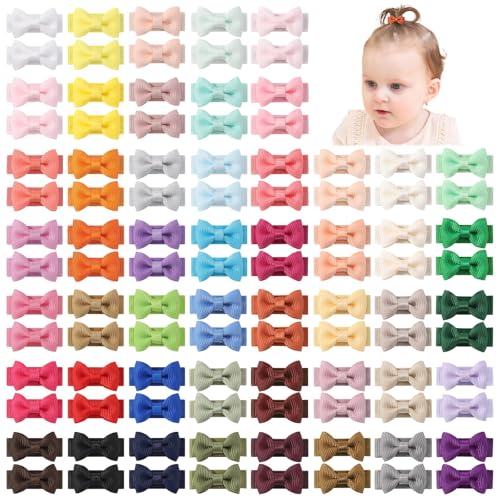 yoyokid 100PCS Baby Girls Snap Hair Clips, 1.2" Grosgrain Ribbon Tiny Hair Bows Clips for Baby Girls Toddlers Infant Fine Thin Hair (50 Colors in Pairs)