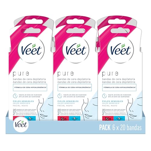 Veet bandas de cera depilatoria facial 6 cajas de 20 uds, para piel Sensible (120 uds en total)