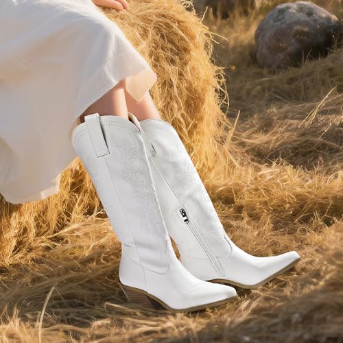 IDIFU IN3 Cowboy Boots for Women Cowgirl Knee High Western Embroidered Booties Side Zipper Low Block Chunky Heel Pull on Pointed Toe Tall Booties Comfy Dress Long Boots3