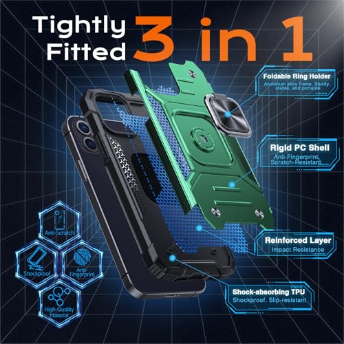 Image of Anqrp Heavy Duty Case for iPhone 12 Mini Case with Enhanced Ring Holder Grip Stand, Military Grade Shockproof Rugged Drop Protective Silicone Hard Slim iPhone 12 Mini Phone Case Cover,Forest Green