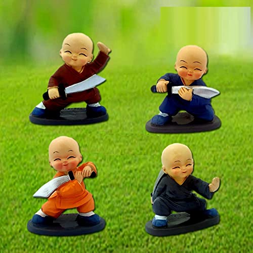 Image of AUGEN Polyresin Set of 4 Buddha Monks Statues Figurines Showpiece for Wall Shelf Table Desktop Living Room Car Dashboard Decoration Home Office Decor (Multicolour)(7698E)